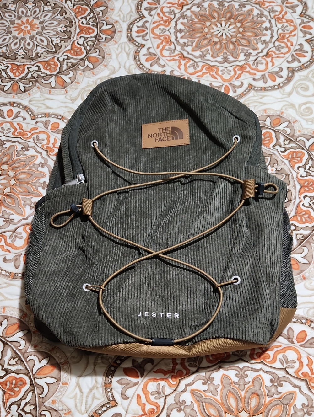 The North Face Jester Green Corduroy And Brown Leather Accents 28L